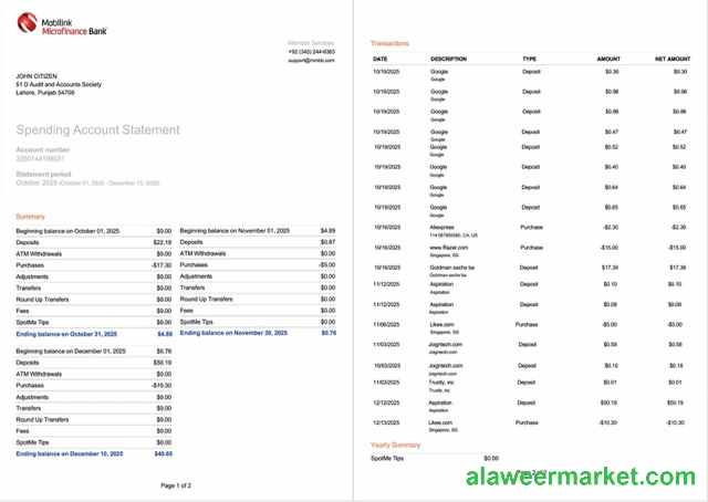 Pakistan Mobilink Microfinance Bank statement of account Word and PDF template, 2 pages, version 2